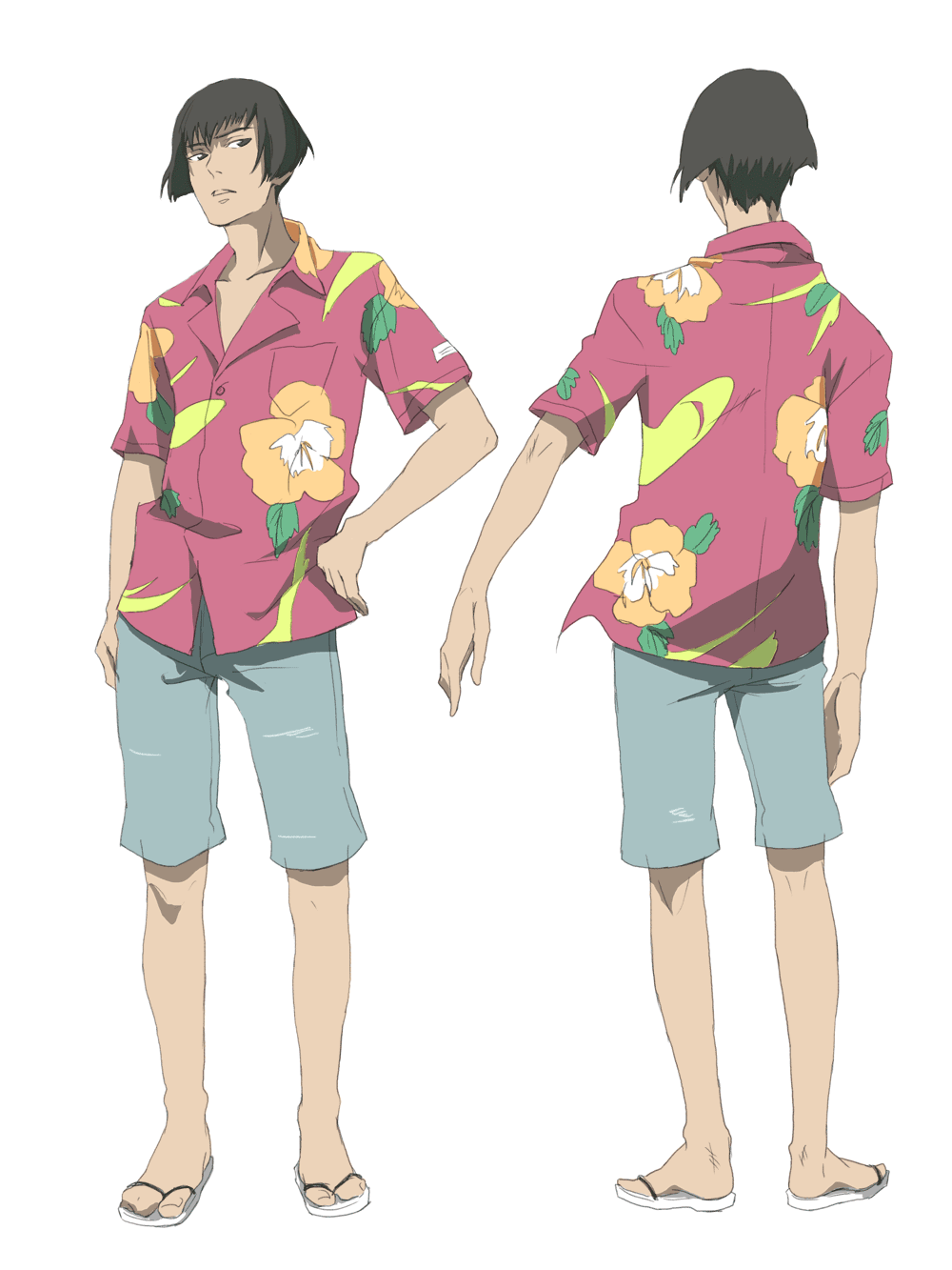 ikasumi, macross, macross frontier, bad id, bad pixiv id, highres, 00s, bermuda shorts, black hair, hawaiian shirt, male focus, sandals, shirt, short hair, shorts