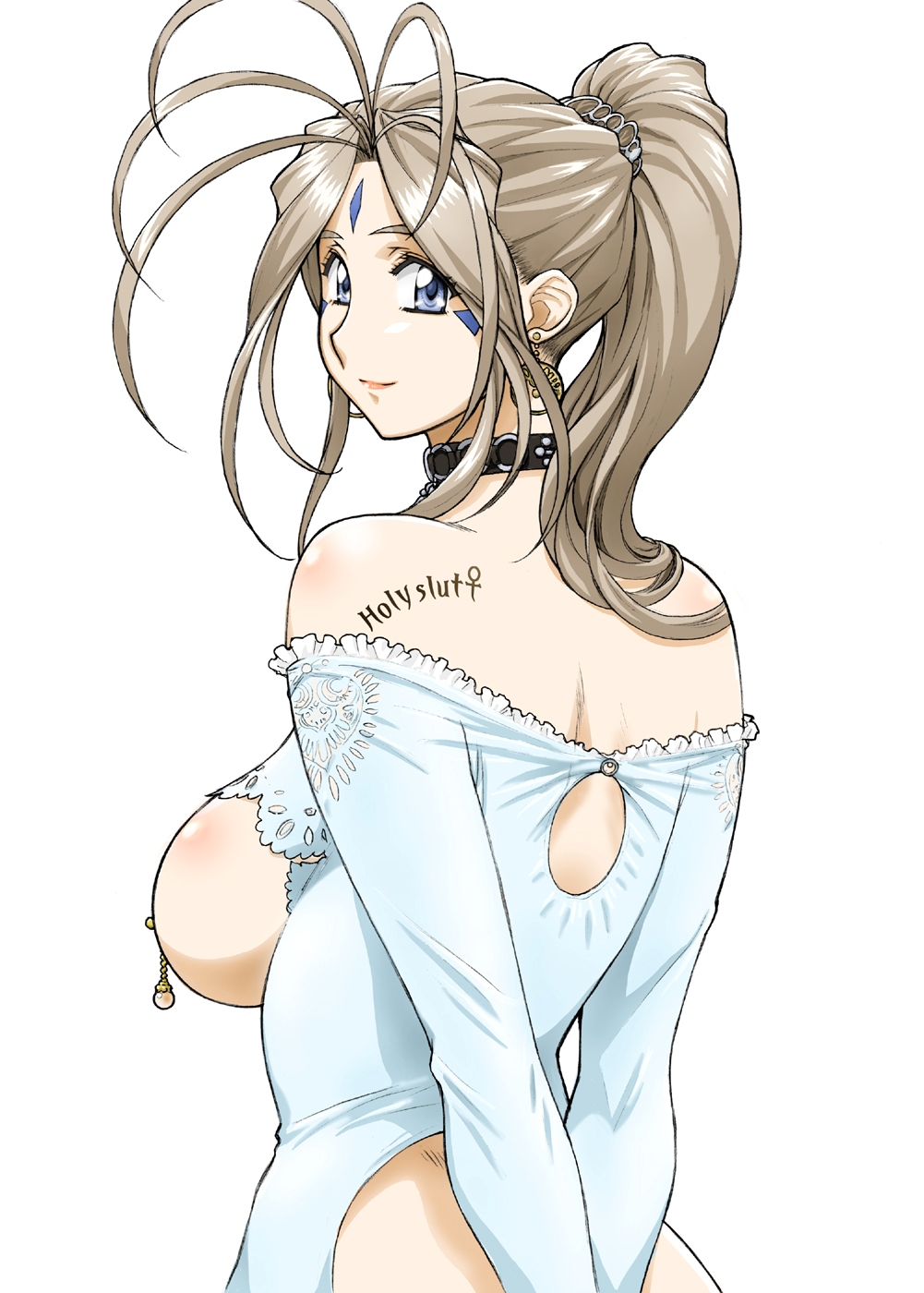 joy division, belldandy, aa megami-sama, highres, 1girl, back, blue eyes, breastless clothes, breasts, brown hair, collar, earrings, facial mark, female focus, forehead mark, jewelry, large breasts, long hair, looking at viewer, looking back, nipple piercing, nipple rings, nipples, piercing, ponytail, sideboob, smile, solo, tattoo