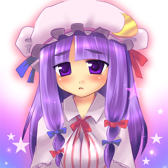 ji (yugria), kouji, patchouli knowledge, touhou, bad id, bad pixiv id, 1girl, blush, female focus, hat, long hair, purple hair, ribbon, solo