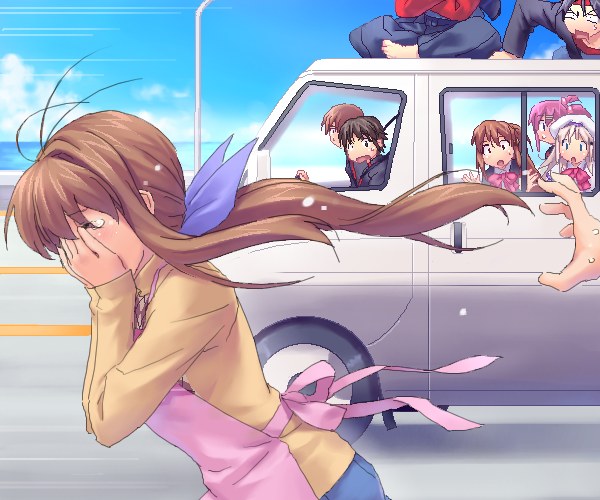 zen, furukawa sanae, inohara masato, miyazawa kengo, naoe riki, natsume kyousuke, natsume rin, noumi kudryavka, saigusa haruka, clannad, key (company), little busters!, vehicle, 00s, 4boys, 4girls, apron, bow, company connection, crossover, motor vehicle, multiple boys, multiple girls, pink bow, running, tears, van