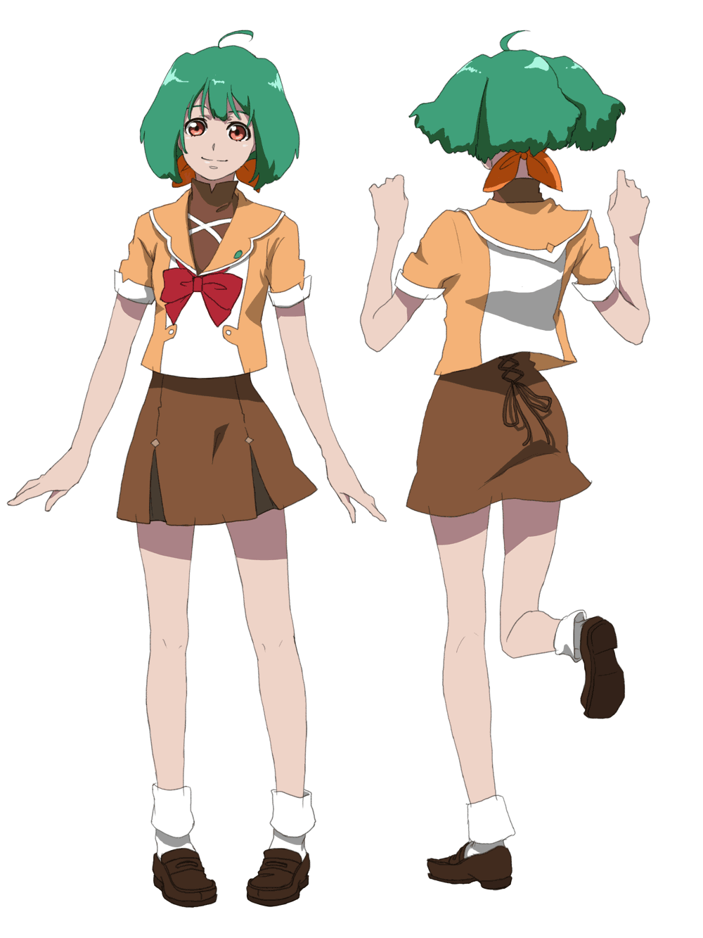 ikasumi, ranka lee, macross, macross frontier, bad id, bad pixiv id, highres, 00s, ahoge, dress, green hair, legs, orange eyes, school uniform, serafuku, short hair, smile, socks