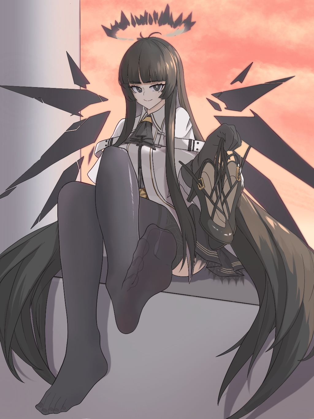 zhui hui, virtuosa (arknights), arknights, highres, 1girl, black eyes, black hair, black pantyhose, crossed legs, feet, long hair, looking at viewer, pantyhose, shoes, smile, soles, toes, unworn shoes