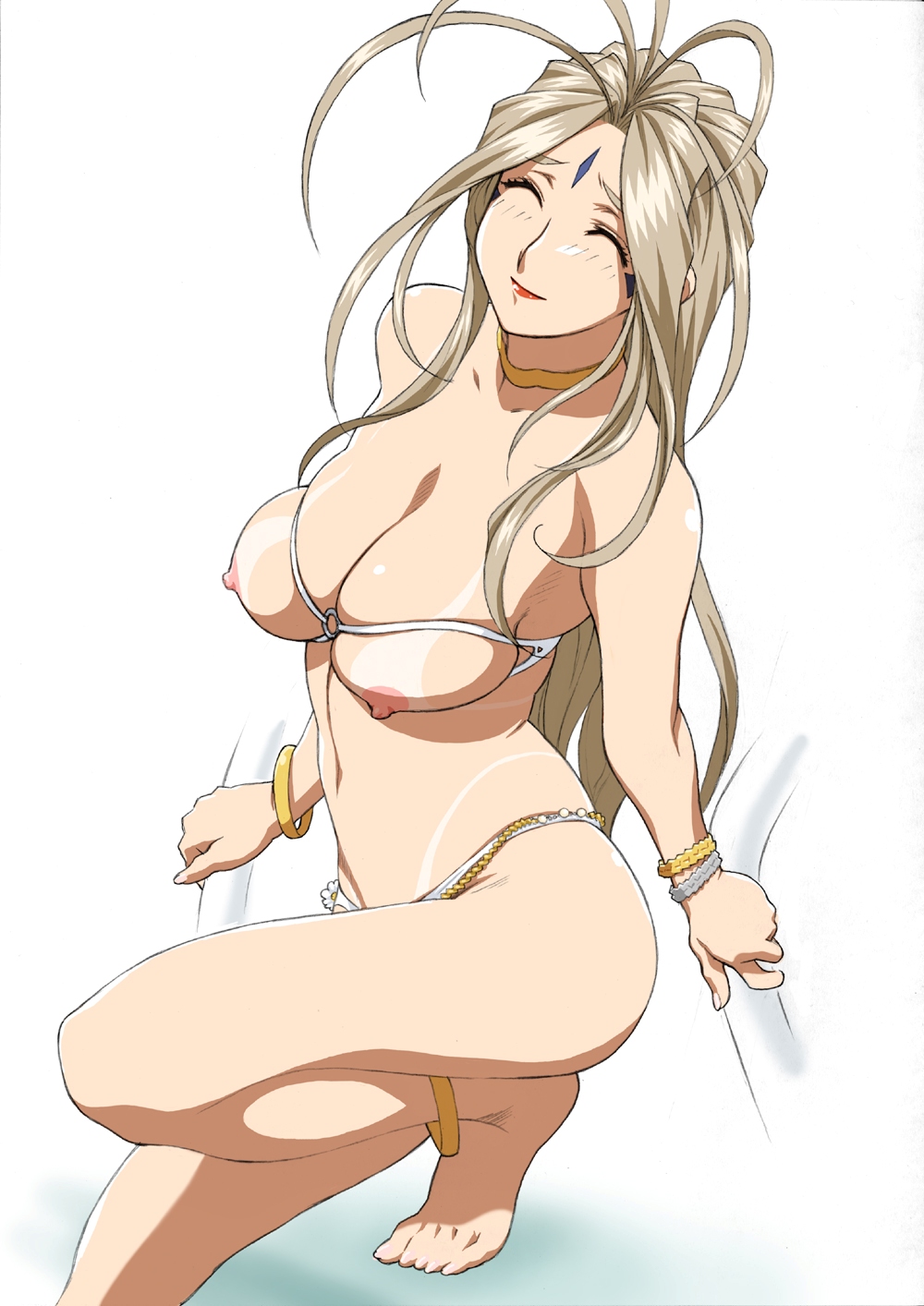 joy division, belldandy, aa megami-sama, highres, 1girl, ^ ^, anklet, barefoot, bikini, bikini tan, bracelet, breastless clothes, breasts, brown hair, choker, closed eyes, facial mark, feet, female focus, forehead mark, jewelry, large breasts, lipstick, long hair, makeup, nipples, nude, smile, solo, swimsuit, tan, tanline
