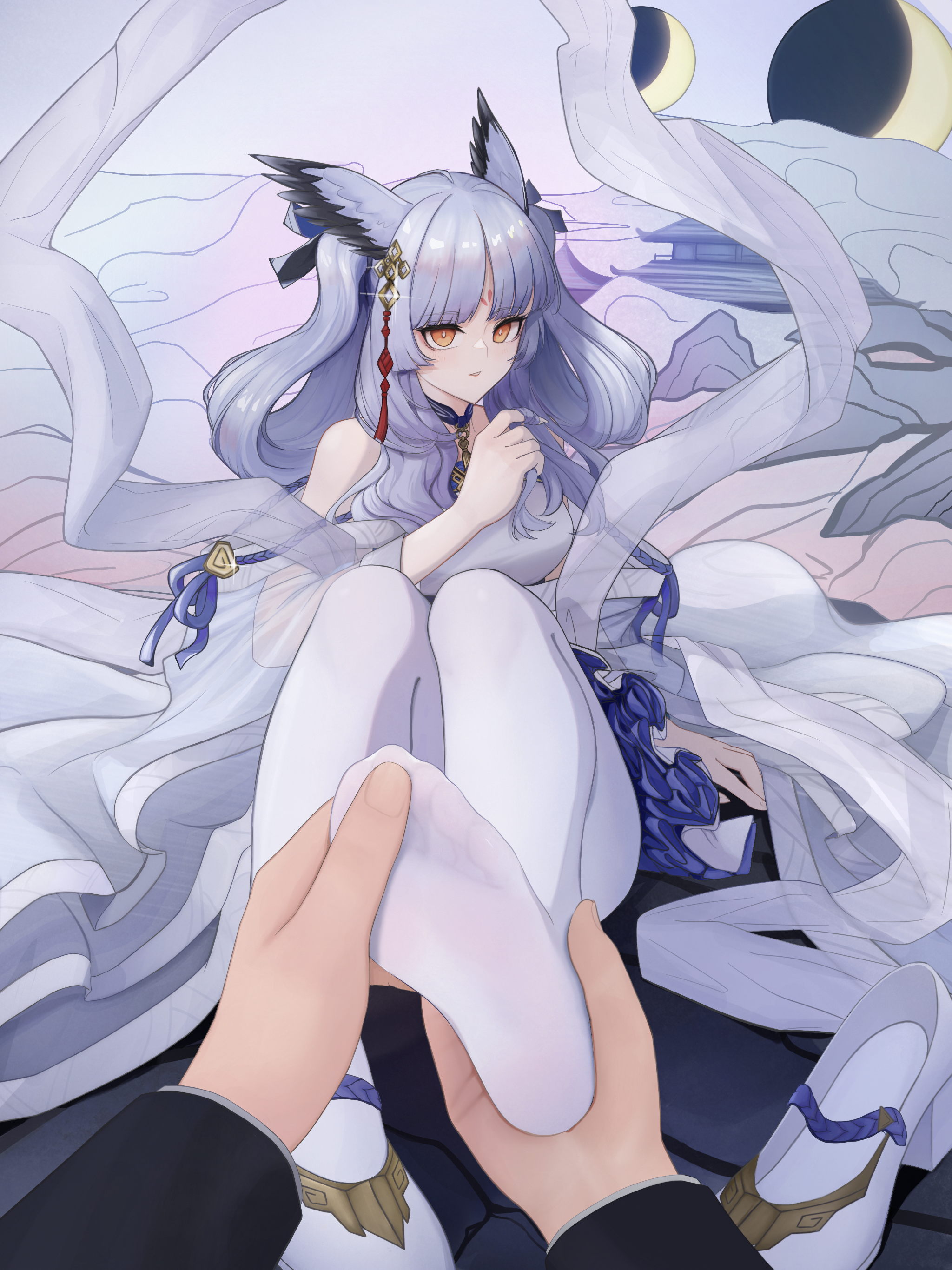 zhui hui, ptilopsis (arknights), arknights, highres, 1girl, feet, grey hair, light blush, long hair, looking at viewer, pantyhose, parted lips, shoes, soles, toes, unworn shoes, white pantyhose, yellow eyes