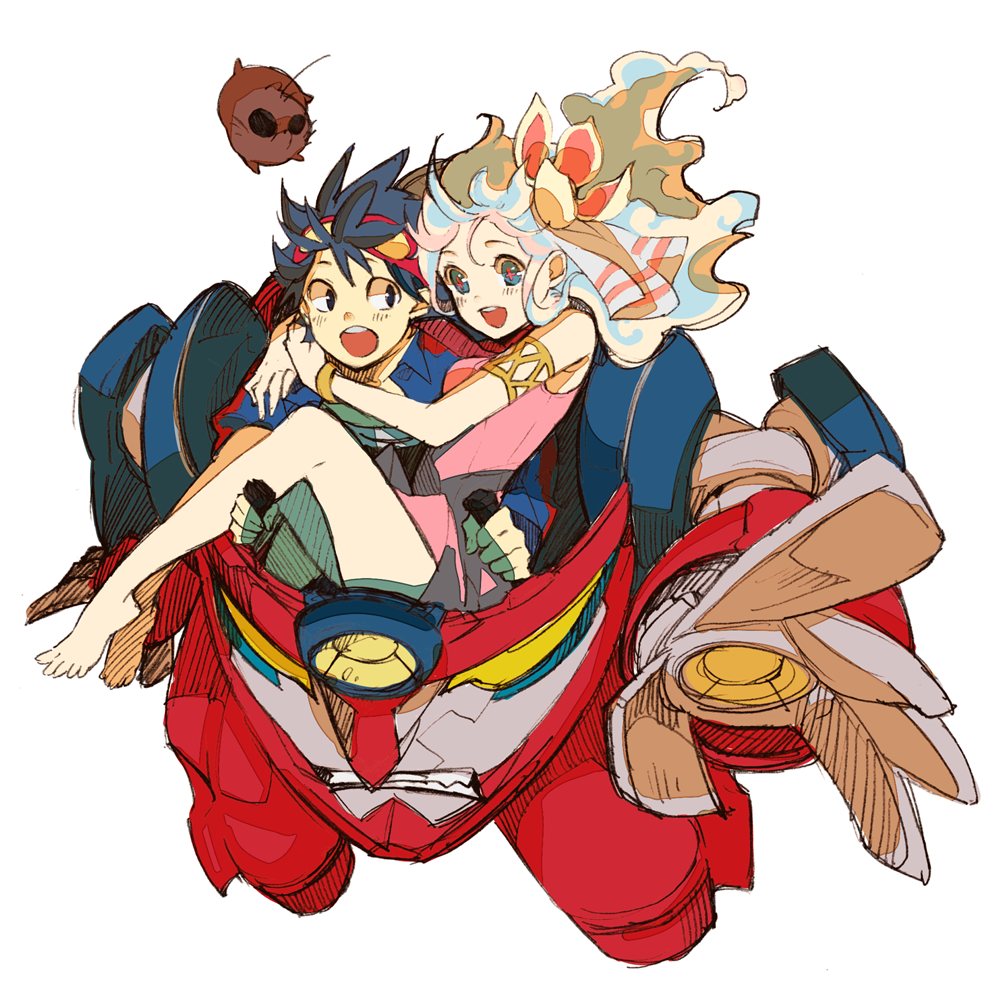 todoroki sora, boota (ttgl), gurren, lagann, nia teppelin, simon (ttgl), tengen toppa gurren lagann, bad id, bad pixiv id, 00s, barefoot, blush, carrying, feet, hug, legs, todorokisora