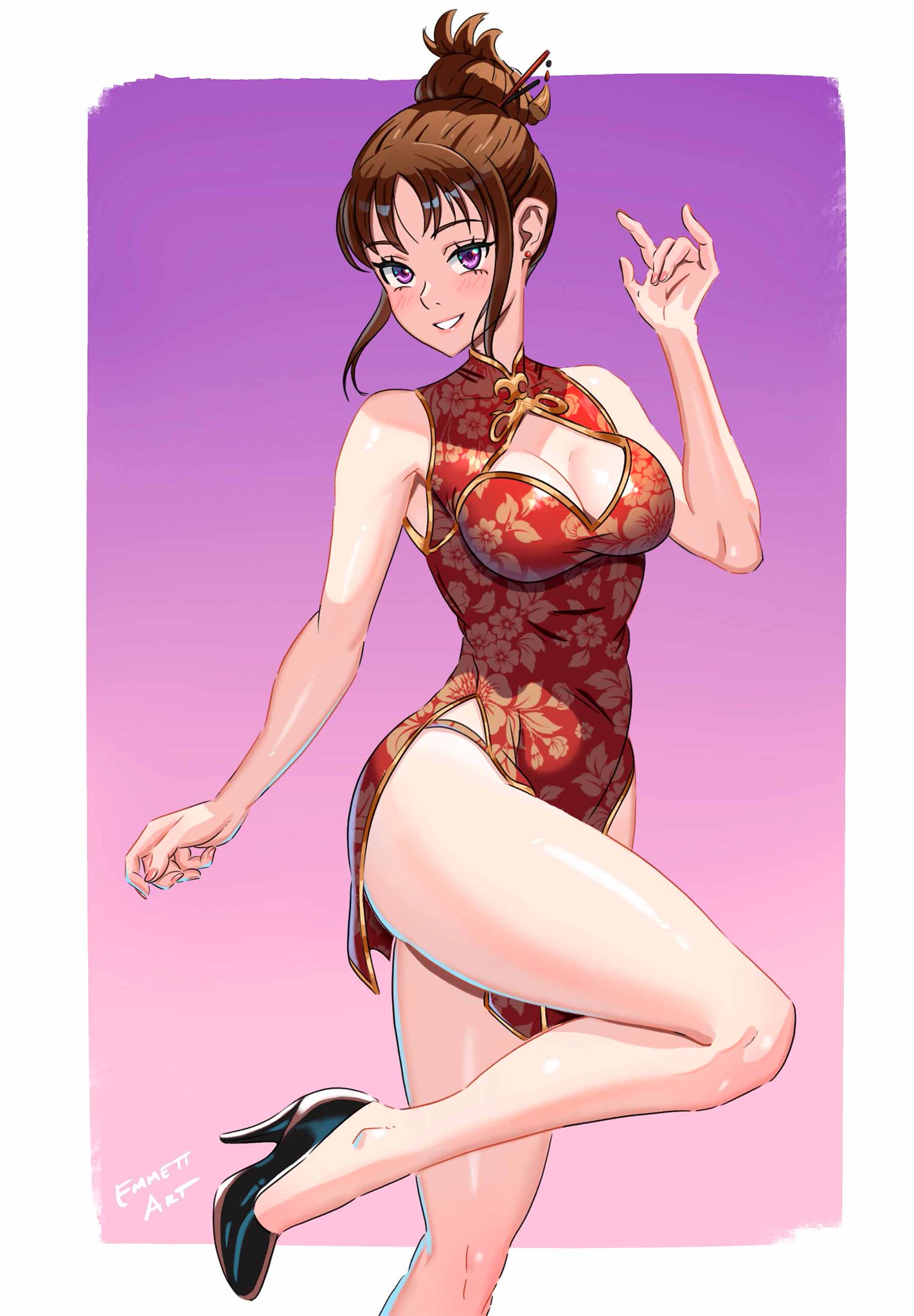 emmettart, diane (nanatsu no taizai), nanatsu no taizai, 1girl, ass, bare shoulders, blush, breasts, brown hair, china dress, chinese clothes, cleavage cutout, clothing cutout, dress, hair bun, high heels, large breasts, long hair, looking at viewer, purple eyes, sleeveless, standing, standing on one leg, teeth