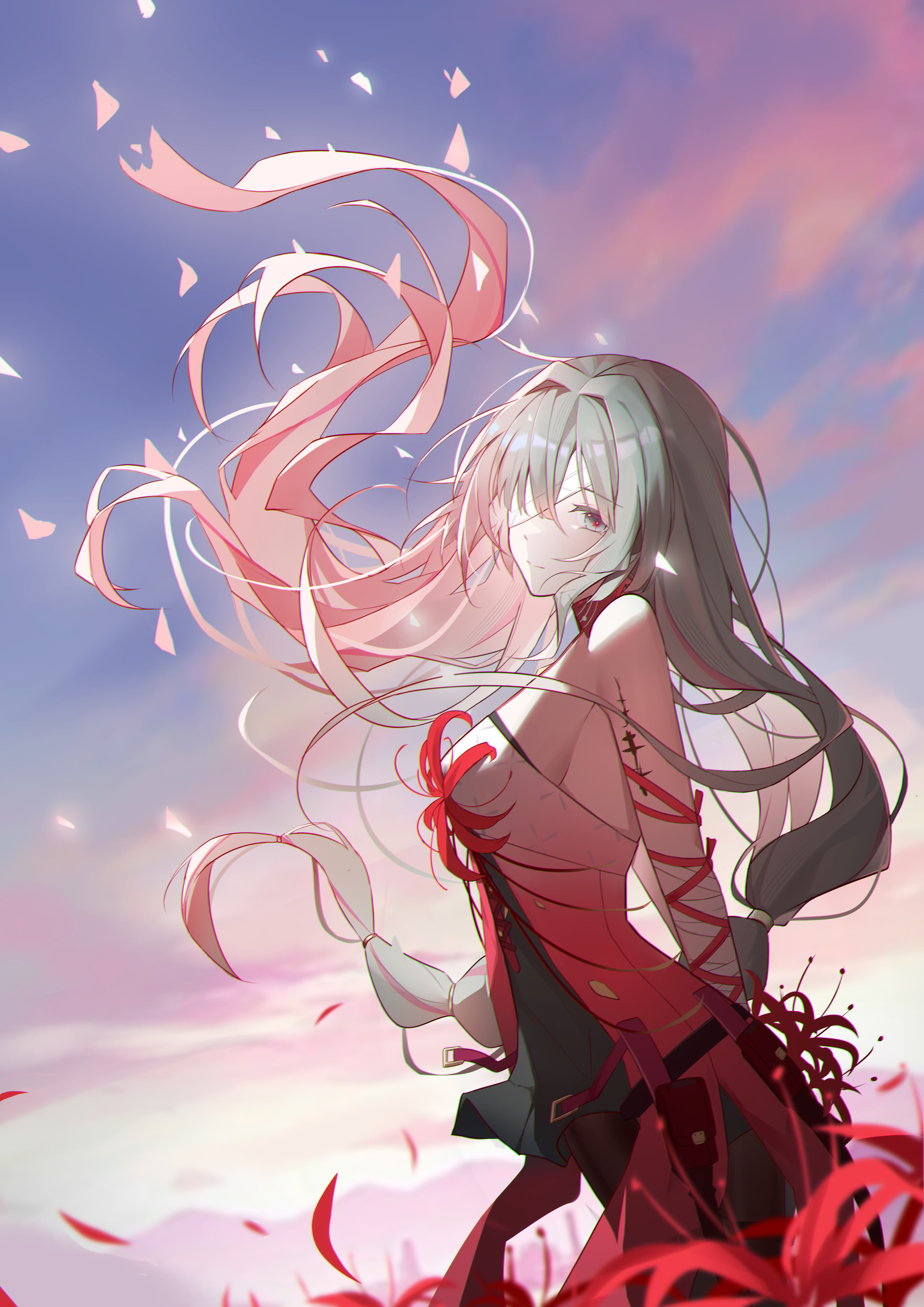 mr yue jian, phrolova (wuthering waves), wuthering waves, absurdres, chinese commentary, commentary request, highres, 1girl, bandage over one eye, bandaged arm, bandages, bare shoulders, black pantyhose, black skirt, breasts, closed mouth, dress, flower, grey eyes, grey hair, halter dress, halterneck, light smile, long hair, looking at viewer, looking to the side, medium breasts, multicolored hair, outdoors, pantyhose, red dress, red pupils, skirt, solo, spider lily, streaked hair, tacet mark (wuthering waves), wind