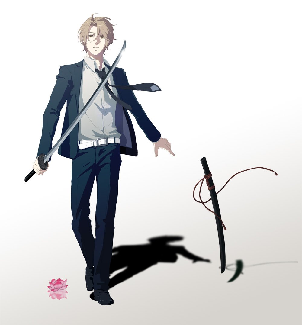 ikasumi, koizumi itsuki, suzumiya haruhi no yuuutsu, bad id, bad pixiv id, 00s, belt, brown eyes, brown hair, katana, male focus, necktie, sheath, short hair, solo, sword, weapon