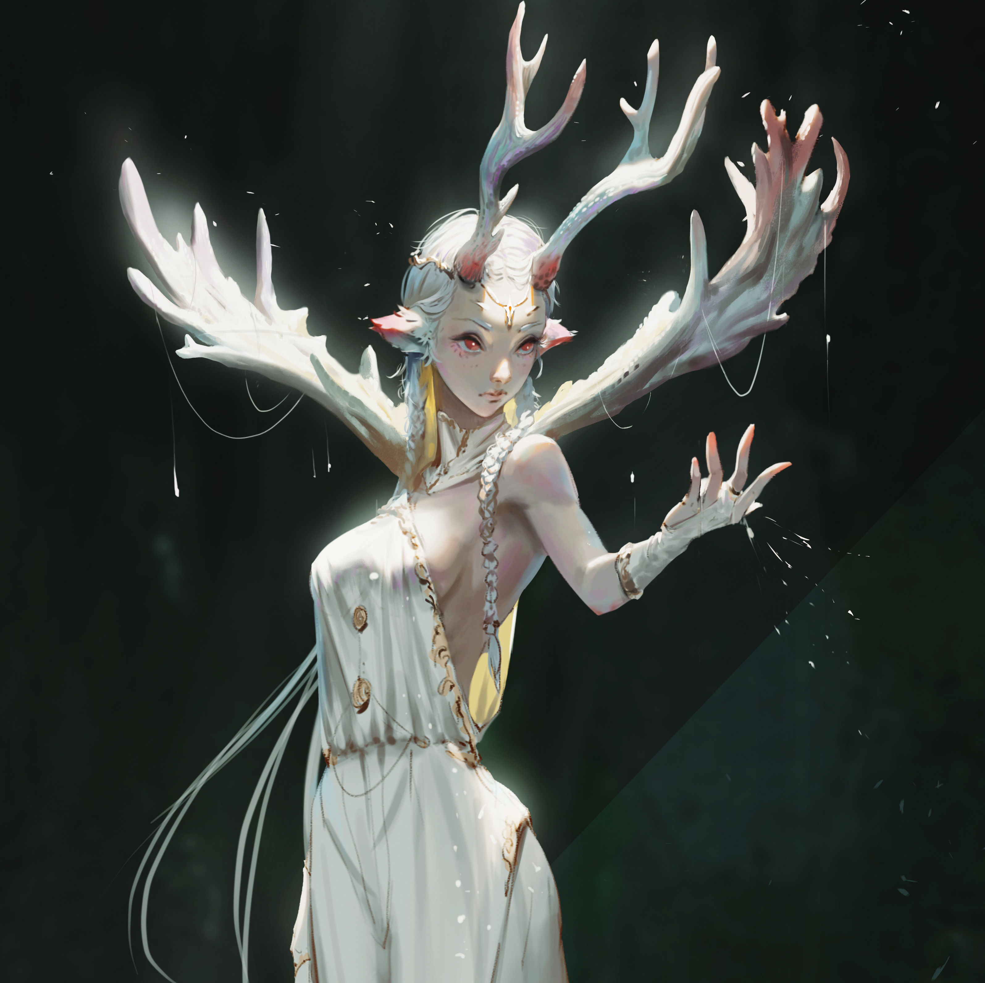 rui li, original, absurdres, highres, 1girl, animal ears, antlers, arm at side, backless dress, backless outfit, backlighting, braid, bridal gauntlets, character name, collar, dark background, deer ears, detached collar, dress, full body, gold trim, hair ornament, horns, looking at viewer, red eyes, solo, standing, twin braids, white collar, white dress, white hair, white horns