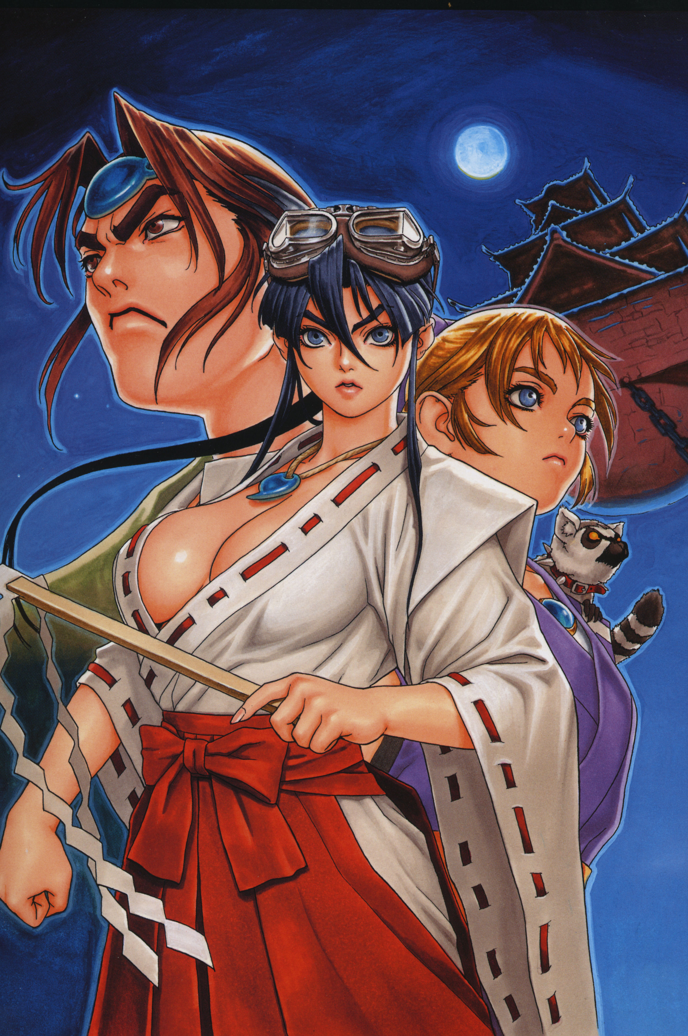tsukasa jun, junis, shoumaru, socrates, socrates (sengoku blade), tengai, togashi koyori, atlus, psikyo, sengoku ace, sengoku ace episode ii, sengoku blade, eyebrows, looking away, striped, absurdres, artbook, highres, jpeg artifacts, official art, scan, 1boy, 2girls, age difference, amulet, angry, beads, belt, blonde hair, blue eyes, blue hair, blush, bow, breasts, broom, brown eyes, brown hair, carrying, castle, chain, cleavage, clenched hand, clothing cutout, collar, fighting stance, fingernails, flat chest, floating castle, forehead protector, frown, full moon, fundoshi, goggles, goggles on head, gohei, hair between eyes, hair bow, hair ribbon, hakama, hakama skirt, hip vent, japanese clothes, jewelry, kimono, large breasts, lemur, lips, long fingernails, long hair, looking at viewer, magatama, mascot, miko, moon, multiple girls, necklace, night, night sky, ninja, no bra, open clothes, open mouth, open shirt, orange eyes, outdoors, parted bangs, pleated skirt, ponytail, raccoon, red hakama, ribbon, sash, shirt, short hair, shoulder carry, side slit, sidelocks, skirt, sky, spiked collar, spikes, tail, tarsier, temple, upper body, wide sleeves, wind, worried, yukata
