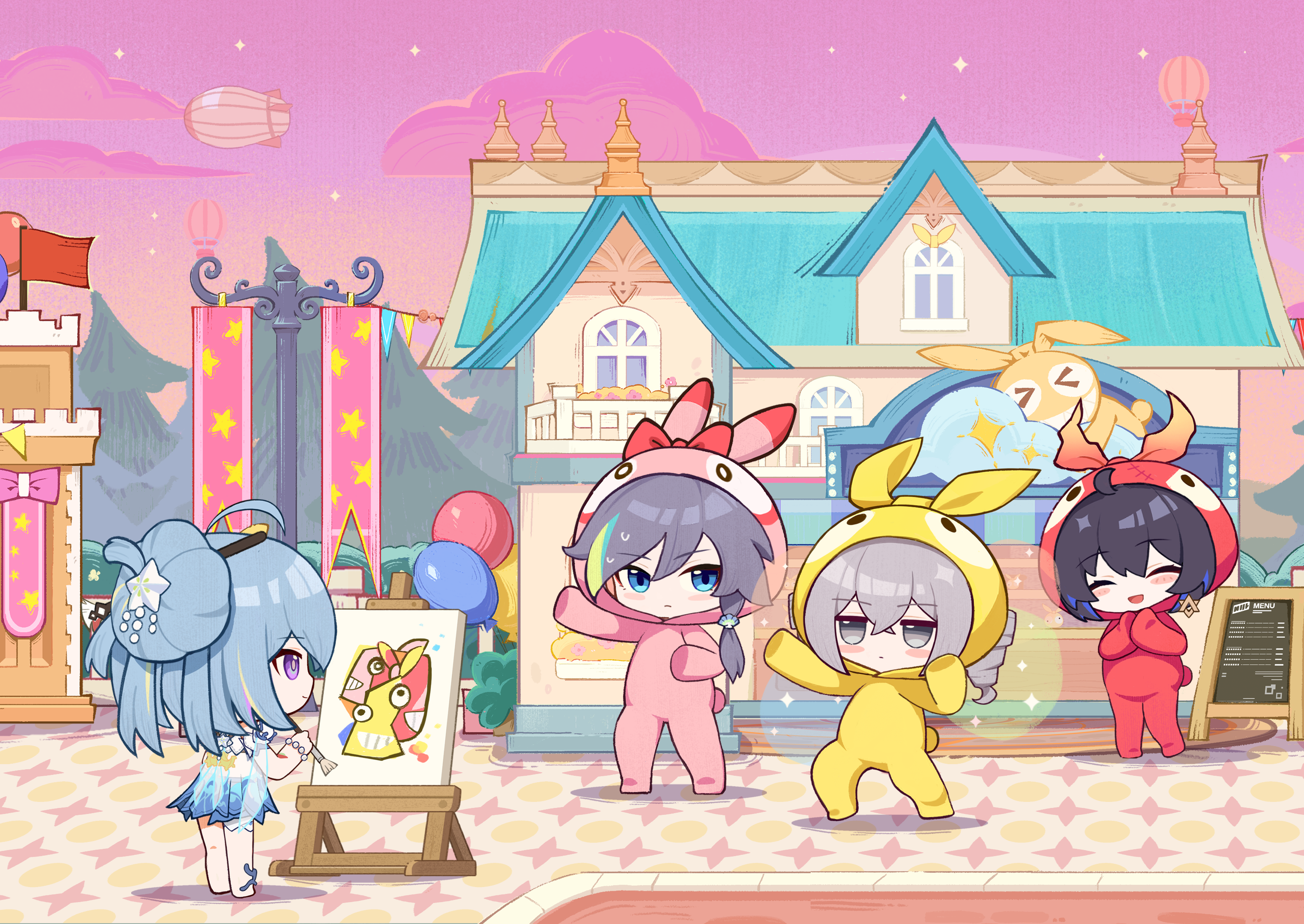 bronya zaychik, fu hua, fu hua (seagull's soar), fu hua (shadow knight), griseo, hola (honkai impact), homei (honkai impact), homu (honkai impact), seele vollerei, honkai (series), honkai impact 3rd, highres, official art, 4girls, ahoge, balloon, black hair, blue eyes, blue hair, blunt bangs, chibi, closed eyes, closed mouth, cosplay, crossed bangs, drill hair, expressionless, grey eyes, grey hair, hair between eyes, hola (honkai impact) (cosplay), homei (honkai impact) (cosplay), homu (honkai impact) (cosplay), looking at another, multicolored hair, multiple girls, open mouth, painting (object), purple eyes, short hair, smile, standing, sweat