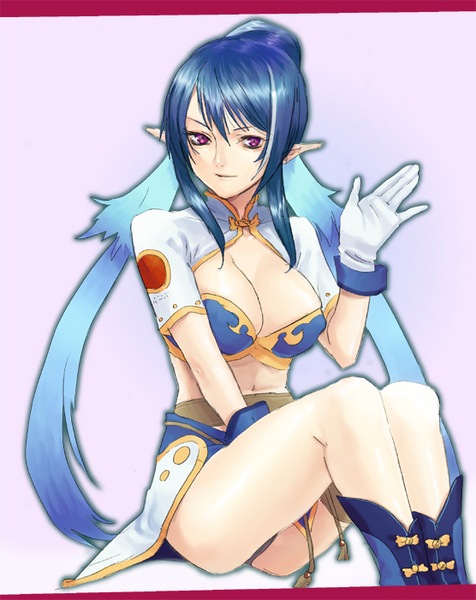 natsuhiko, judith (tales), tales of (series), tales of vesperia, resized, 1girl, blue hair, breasts, cleavage, gloves, long hair, midriff, pixiv thumbnail, pointy ears, purple eyes, red eyes, smile, solo, white gloves