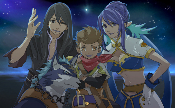 yuyo, judith (tales), karol capel, repede (tales), yuri lowell, tales of (series), tales of vesperia, resized, 1girl, 2boys, blue hair, breasts, dog, gloves, midriff, multiple boys, pixiv thumbnail, pointy ears, red eyes, smile, smoking, smoking pipe