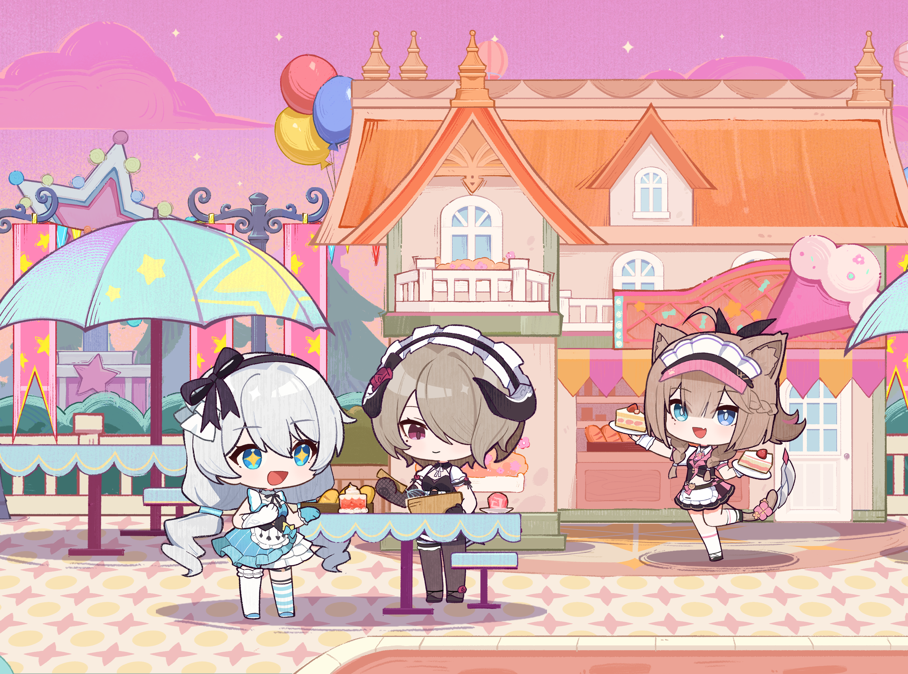 pardofelis, rita rossweisse, theresa apocalypse, honkai (series), honkai impact 3rd, highres, official art, + +, 3girls, ahoge, animal ears, apron, asymmetrical gloves, asymmetrical legwear, black gloves, black pantyhose, blue eyes, blue gloves, brown hair, cake, cake slice, cat ears, cat girl, chibi, closed mouth, fishnet gloves, fishnets, food, frilled thigh strap, gloves, grey hair, low twintails, maid apron, mismatched gloves, mismatched legwear, mole, mole under eye, multiple girls, open mouth, pantyhose, smile, socks, standing, striped clothes, striped socks, thigh strap, thighhighs, twintails, white gloves, white socks, white thighhighs