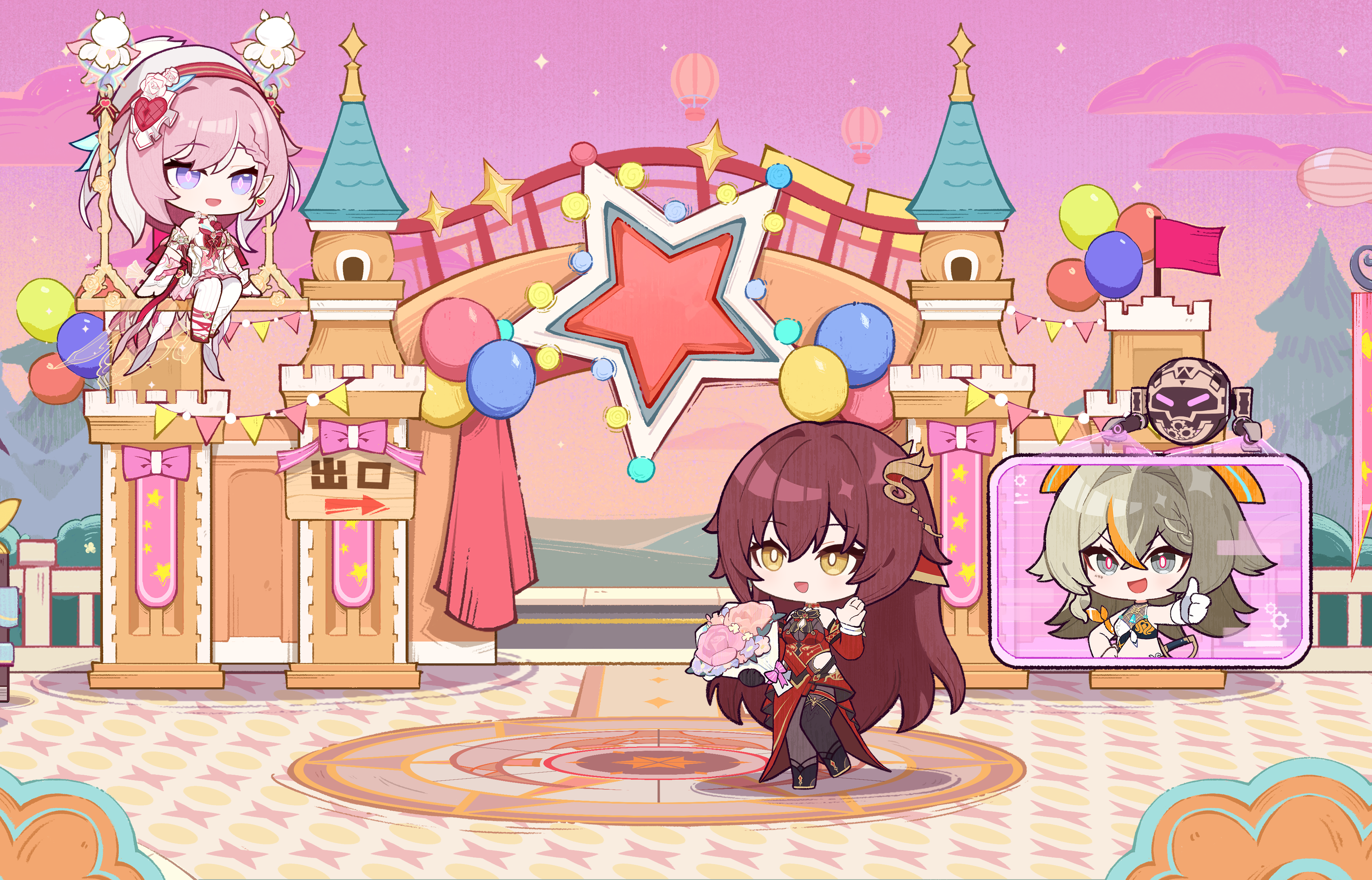 eden (honkai impact), elysia (hi love elf) (honkai impact), elysia (honkai impact), vill-v, vill-v (i'm the storm), honkai (series), honkai impact 3rd, absurdres, highres, 3girls, amusement park, balloon, beret, bouquet, bright pupils, brown hair, chibi, chibi only, colored skin, diamond-shaped pupils, diamond (shape), dress, flower, hair between eyes, hat, holding, holding bouquet, long hair, long sleeves, multicolored eyes, multicolored hair, multiple girls, on swing, open mouth, pantyhose, pink hair, pink skin, purple eyes, red dress, sitting, smile, standing, swing, symbol-shaped pupils, two-tone hair, very long hair, white dress, white hair, white pupils, yellow eyes