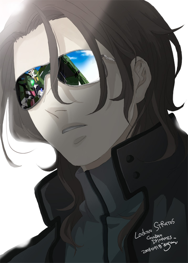 ikasumi, lockon stratos, lyle dylandy, gundam, gundam 00, bad id, bad pixiv id, 00s, brown hair, male focus, portrait, solo, sunglasses