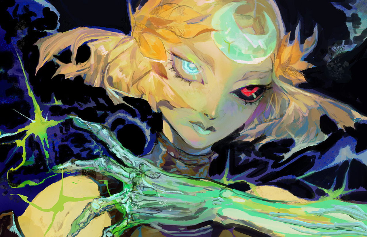 saprophilous, melinoe (hades), hades (series), hades 2, commentary, english commentary, 1girl, bare shoulders, black sclera, blonde hair, closed mouth, colored sclera, crescent, crescent hair ornament, dark background, green eyes, green lips, hair ornament, hand up, heterochromia, lips, looking to the side, nose, painterly, portrait, red eyes, short hair, skeletal hand, solo
