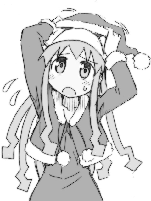 anbe masahiro, ikamusume, shinryaku! ikamusume, christmas, greyscale, hat, masahiro anbe, monochrome, santa hat, solo, sweat