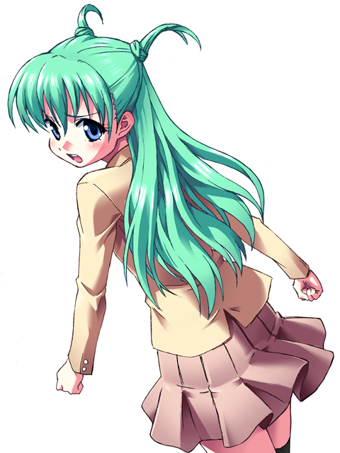 anbe masahiro, alice carroll, aria (manga), 00s, back, blue eyes, green hair, looking back, masahiro anbe, school uniform, serafuku, solo, thighhighs, zettai ryouiki