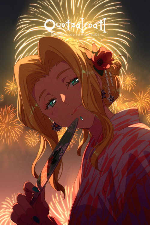 echo (circa), quetzalcoatl (fate), fate/grand order, fate (series), 1girl, blonde hair, breasts, character name, chin piercing, face piercing, fireworks, flower, green eyes, hair flower, hair ornament, hand fan, japanese clothes, kimono, long hair, long sleeves, looking at viewer, medium breasts, orange kimono, parted bangs, piercing, solo, wide sleeves