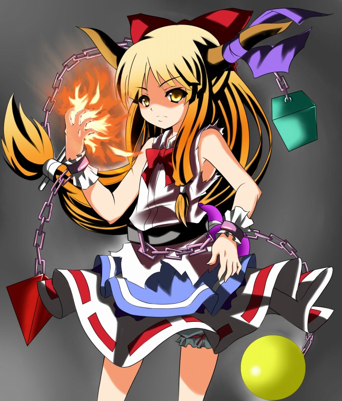 enson, mamedenkyuu (berun), ibuki suika, touhou, 1girl, chain, element bender, female focus, fire, gradient background, grey background, horns, long hair, ribbon, solo, standing