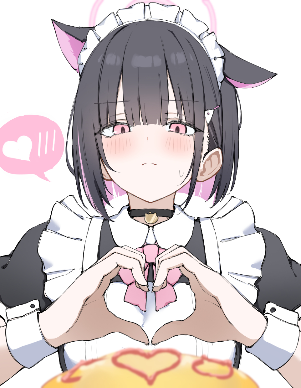 yuukun mk-ii, kazusa (blue archive), blue archive, commentary, highres, 1girl, alternate costume, animal ears, apron, black choker, black hair, blunt bangs, blunt ends, blush, cat ears, choker, colored inner hair, enmaided, extra ears, food, frilled apron, frills, heart, heart hands, ketchup, looking at viewer, maid, maid apron, maid headdress, moe moe kyun!, multicolored hair, neck ribbon, omelet, pink eyes, pink hair, pink ribbon, puffy short sleeves, puffy sleeves, ribbon, short hair, short sleeves, simple background, solo, spoken blush, spoken heart, sweatdrop, two-tone hair, upper body, white apron, white background, wrist cuffs