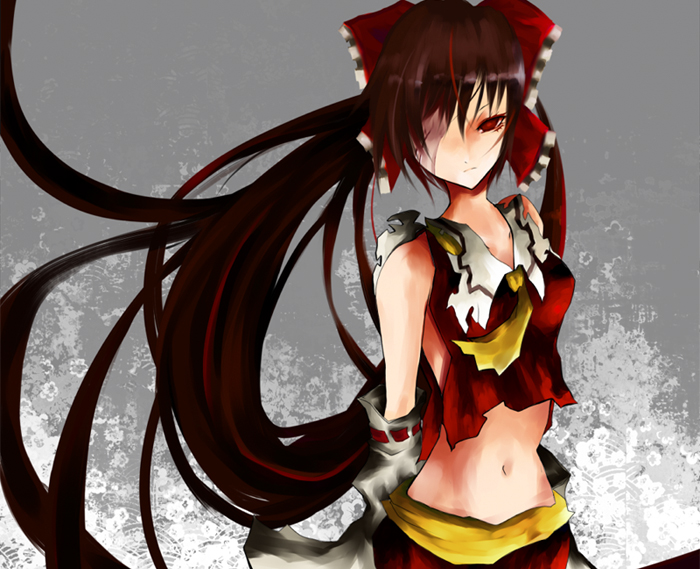 makai no juumin, hakurei reimu, touhou, bad id, bad pixiv id, 1girl, bandage over one eye, eyepatch, female focus, japanese clothes, long hair, miko, navel, ribbon, solo