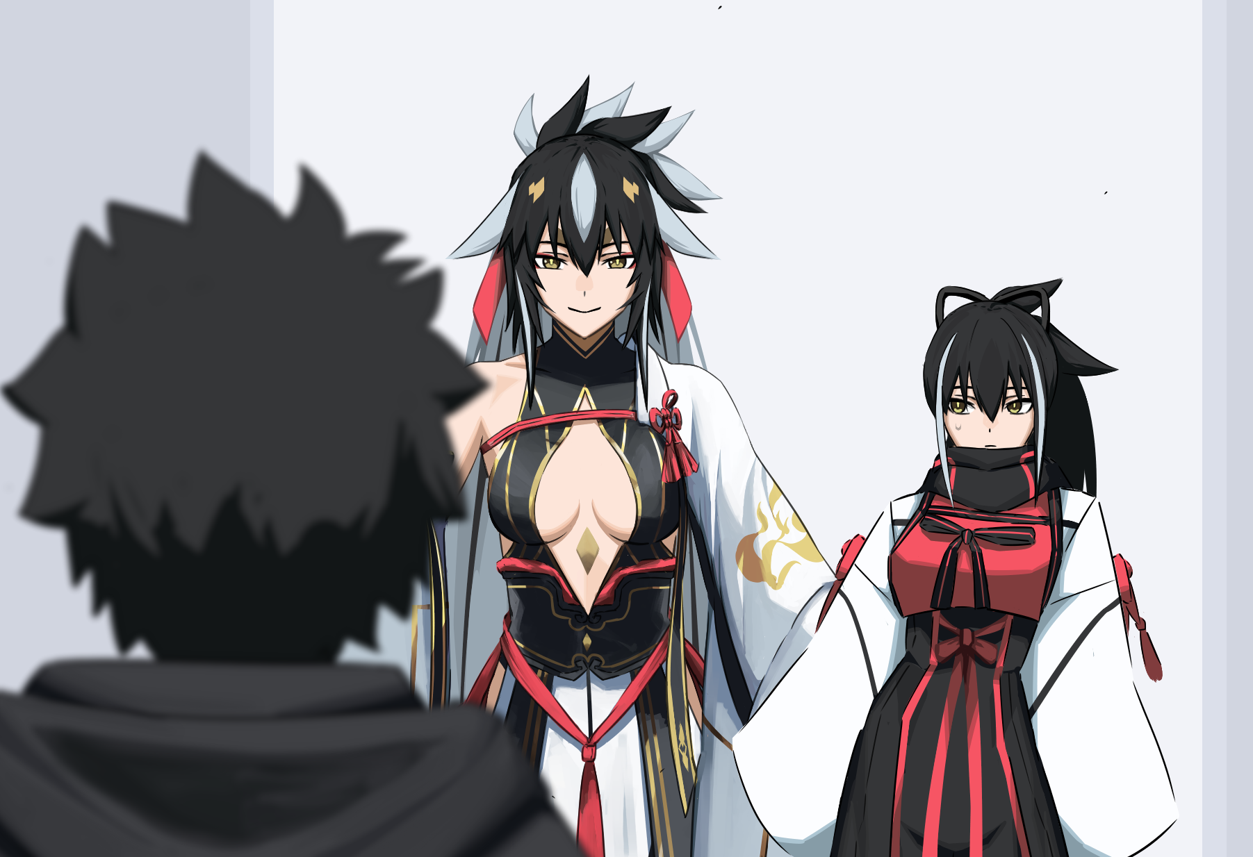 paperpillar, fujimaru ritsuka (male), fujimaru ritsuka (male) (mage's association uniform), nagao kagetora (fate), uesugi kenshin (third ascension) (fate), fate/grand order, fate (series), highres, 1boy, 2girls, armor, bare shoulders, black gloves, black hair, black shirt, black skirt, breasts, center opening, detached sleeves, facial mark, forehead mark, gloves, gold trim, green eyes, hair between eyes, halterneck, high ponytail, japanese armor, kawakami gensai (fate), layered skirt, long hair, medium breasts, multicolored hair, multiple girls, ponytail, shirt, short hair, sidelocks, skirt, smile, two-tone hair, very long hair, white hair, white skirt, wide sleeves