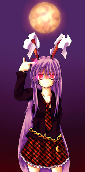 culotte (hosenrock), watari tanikiri, reisen udongein inaba, touhou, bad id, bad pixiv id, 1girl, alternate costume, animal ears, contemporary, female focus, finger gun, finger gun to head, gun to head, long hair, moon, purple hair, rabbit ears, solo, suicide