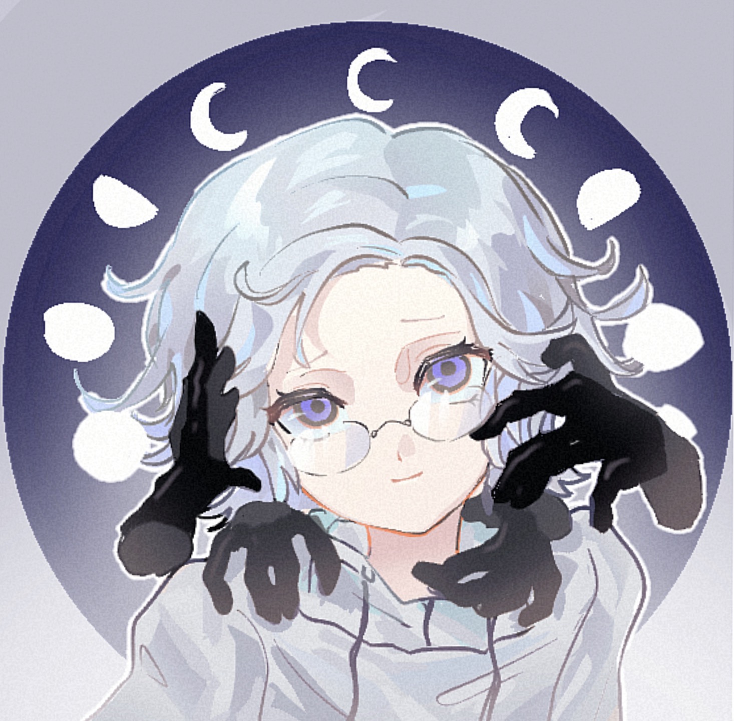 aotsuki eito, the hundred line -last defense academy-, chinese commentary, commentary request, highres, 1boy, black gloves, crescent moon, disembodied hand, full moon, gibbous moon, glasses, gloves, grey hair, half moon, hand on another's shoulder, jacket, looking at viewer, looking over eyewear, male focus, moon, moon phases, purple eyes, short hair, smile, solo, upper body, white jacket, yi66126289