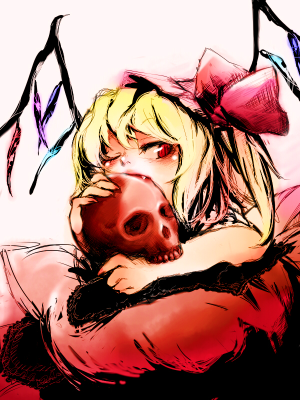 shiro (artist), shiro (hakukosui), flandre scarlet, touhou, 1girl, biting, blonde hair, fangs, female focus, fingernails, hat, mob cap, ponytail, ribbon, sharp fingernails, simple background, skull, solo, teeth, wings