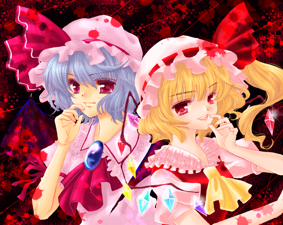 jimadita, jimadita (pixiv), flandre scarlet, remilia scarlet, touhou, 2girls, blonde hair, blue hair, female focus, hat, mob cap, multiple girls, ponytail, ribbon, short hair, siblings, sisters, wings