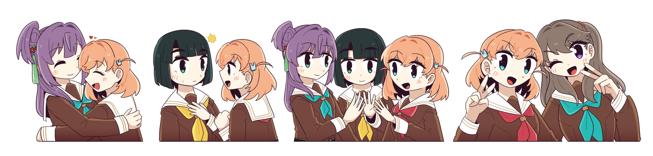kiruzzy, fujishima megumi, hinoshita kaho, momose ginko, otomune kozue, link! like! love live!, love live!, commentary request, highres, long image, wide image, 4girls, :d, ^ ^, aqua eyes, aqua neckerchief, black hair, blunt bangs, blunt ends, bob cut, brown dress, brown hair, cerise bouquet, closed eyes, cropped torso, dress, flower, green eyes, hair bun, hair flower, hair intakes, hair ornament, hasu no sora school uniform, hug, long hair, long sleeves, looking at viewer, medium hair, multiple girls, multiple views, mutual hug, neckerchief, open mouth, purple eyes, purple hair, rabbit hair ornament, red flower, red neckerchief, sailor collar, sailor dress, school uniform, short hair, side ponytail, sidelocks, simple background, single side bun, smile, tassel, tassel hair ornament, two side up, v, virtual youtuber, white background, white sailor collar, winter uniform, yellow neckerchief