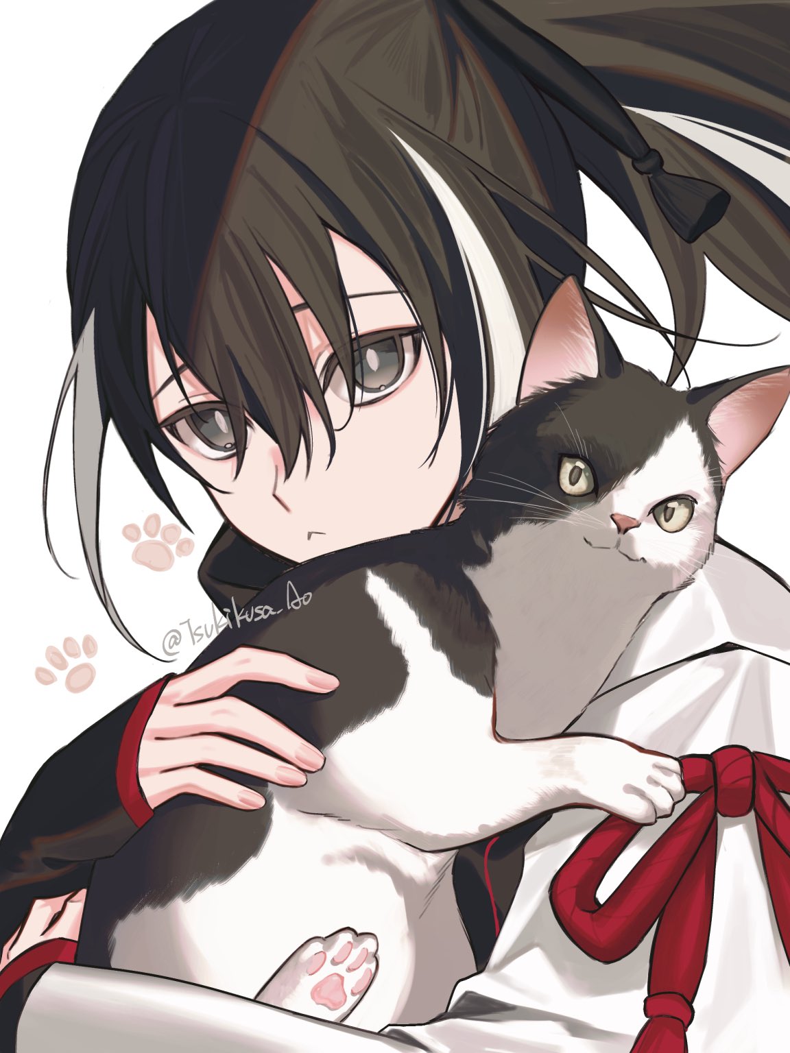 fate/grand order, fate (series), highres, 1girl, animal, black eyes, black hair, cat, holding, holding animal, holding cat, kawakami gensai (fate), long hair, paw print, ponytail, tsukikusa ao, twitter username, white background