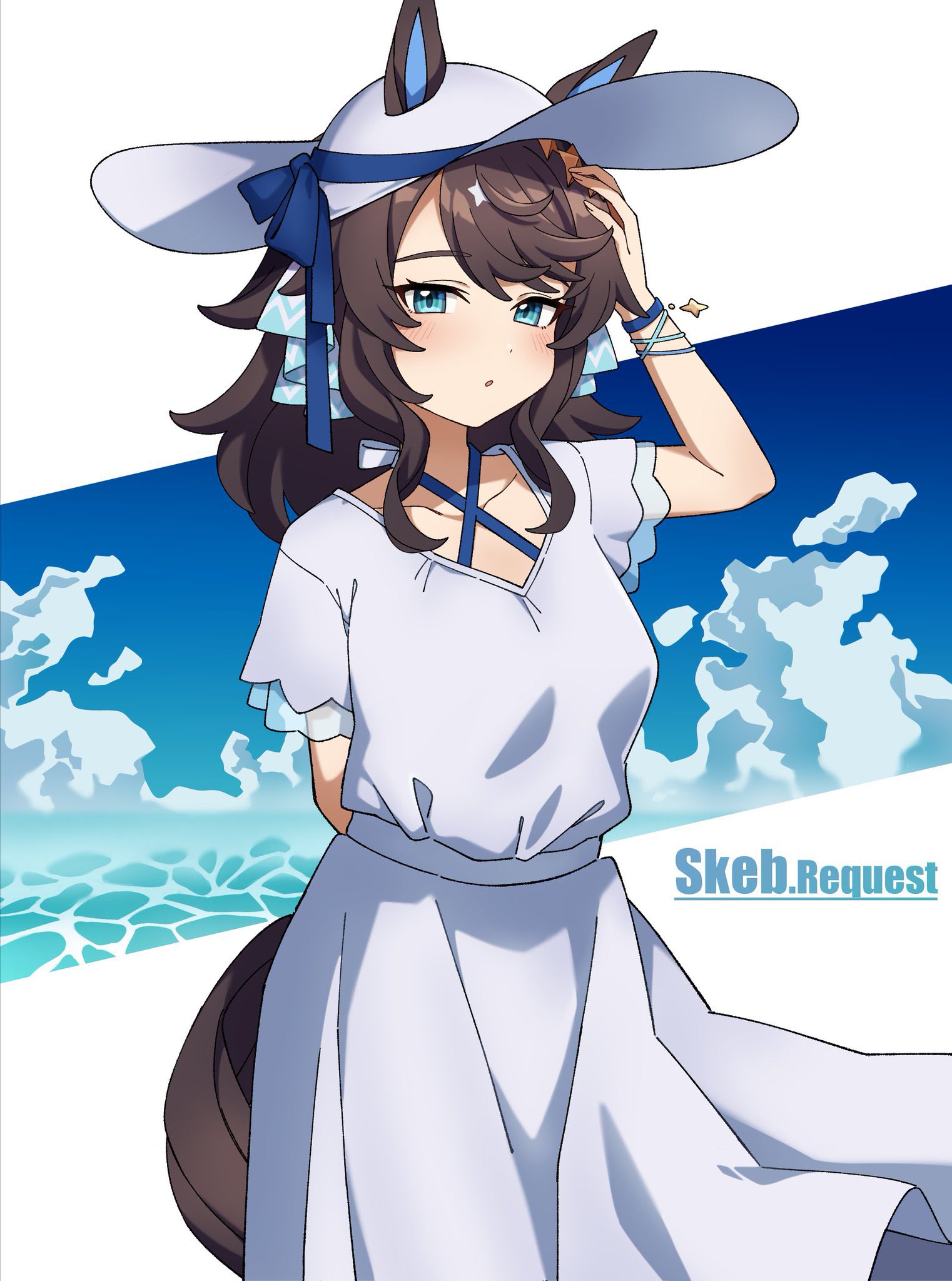 sha (siasha0104), daring tact (umamusume), umamusume, commission, highres, skeb commission, 1girl, alternate costume, animal ears, blue eyes, blue sky, blush, bracelet, breasts, brown hair, cloud, collarbone, criss-cross halter, dreds, dress, ears through headwear, hair between eyes, hair ornament, halterneck, hat, horse ears, horse girl, horse tail, jewelry, long hair, looking at viewer, parted lips, ribbon, short sleeves, sky, solo, sun hat, sundress, tail, white dress, white hair
