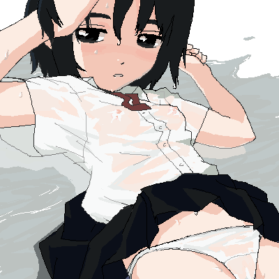 tyler garden, lowres, black eyes, black hair, blush, flat chest, oekaki, panties, see-through clothes, short hair, solo, underwear, wet, wet clothes