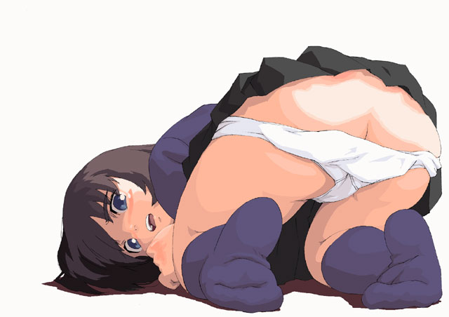 tyler garden, 1girl, all fours, ass, blue eyes, blush, brown hair, feet, female focus, foreshortening, panties, panty pull, short hair, skirt, socks, solo, underwear, white panties