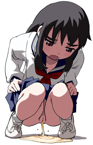 tyler garden, original, red neckwear, lowres, 1girl, black hair, blue skirt, blush, brown eyes, female focus, long hair, long sleeves, looking down, neckerchief, no panties, open mouth, pee, peeing, puddle, pussy, school uniform, serafuku, shirt, shoes, skirt, sneakers, socks, solo, squatting, uncensored, wet, white background, white shirt, white shoes, white socks