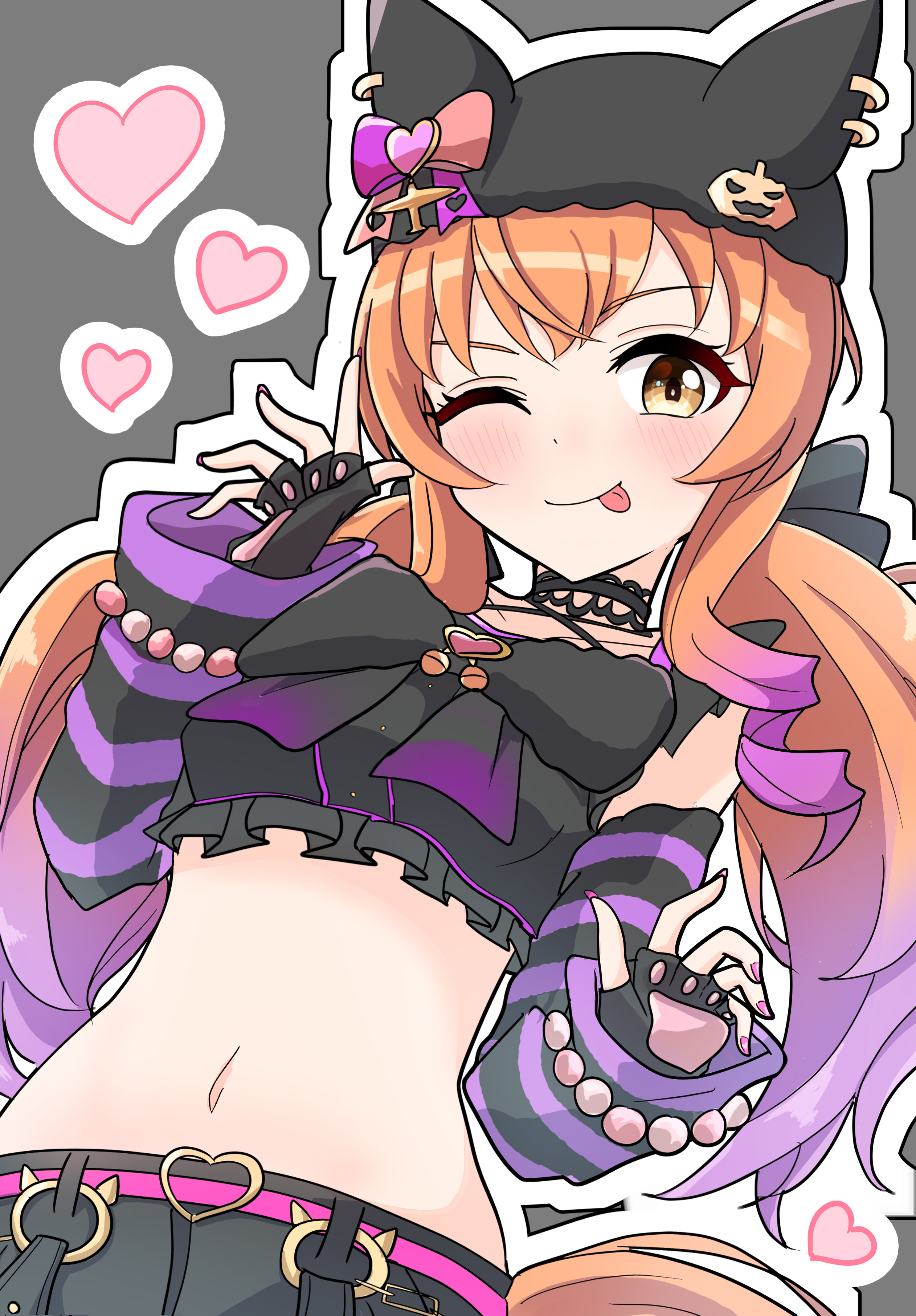 arnolddayo, mayano top gun (rockin' mewmeow) (umamusume), mayano top gun (umamusume), umamusume, absurdres, highres, 1girl, airplane hair ornament, animal ear headwear, animal ears, bead bracelet, beads, black choker, black hat, black skirt, blush, bow, bracelet, breasts, choker, closed mouth, emo fashion, fake animal ears, fingerless gloves, gloves, hair between eyes, hat, heart, heart belt buckle, horse ears, horse girl, horse tail, jewelry, long hair, looking at viewer, low twintails, midriff, navel, official alternate costume, official alternate hairstyle, one eye closed, orange eyes, orange hair, pumpkin hat ornament, purple arm warmers, simple background, skirt, smile, solo, striped arm warmers, striped sleeves, tail, tongue, tongue out, twintails, upper body