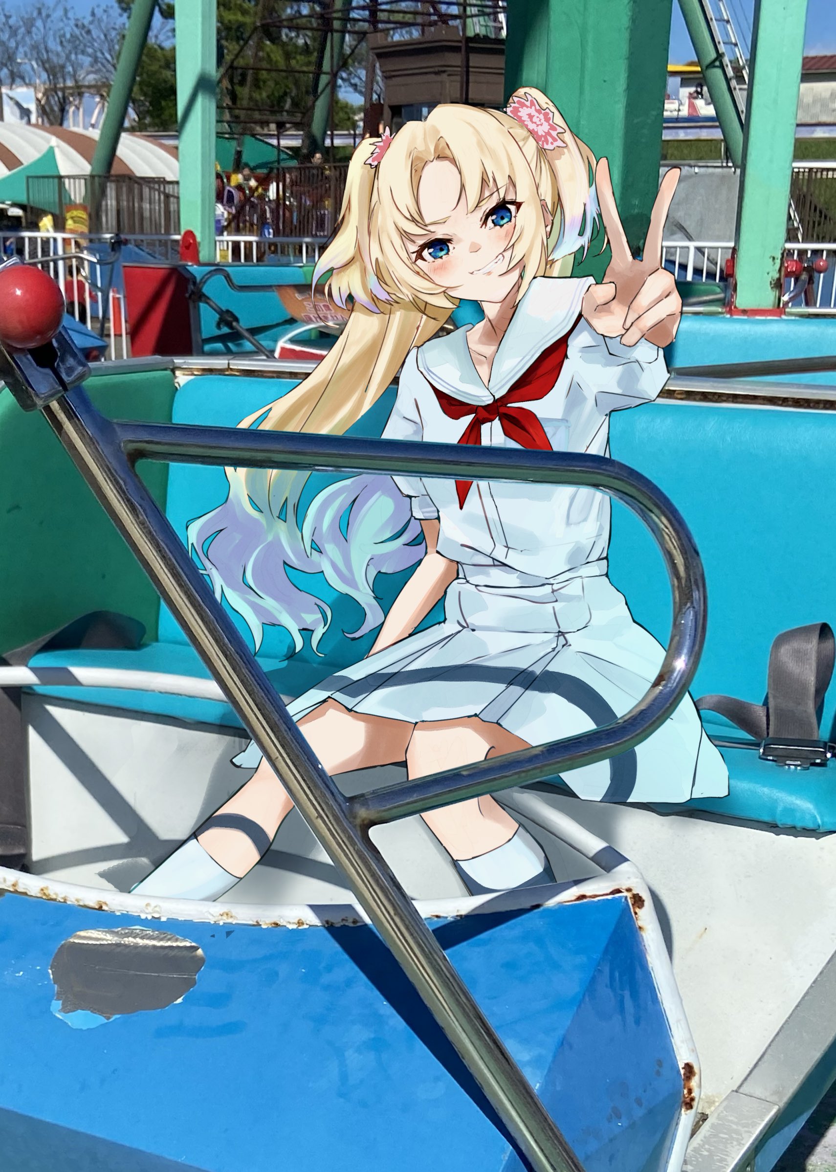 recycle (uchi mlk), osawa rurino, link! like! love live!, love live!, commentary request, highres, 1girl, blonde hair, blue eyes, blue hair, blush, dress, flower, gradient hair, green eyes, grin, hair flower, hair ornament, hasu no sora school uniform, looking at viewer, medium dress, multicolored hair, neckerchief, outdoors, photo background, pink flower, pleated dress, puffy short sleeves, puffy sleeves, red neckerchief, roller coaster, sailor collar, sailor dress, school uniform, seatbelt, short sleeves, sitting, smile, socks, solo, summer uniform, twintails, v, virtual youtuber, white dress, white sailor collar, white socks