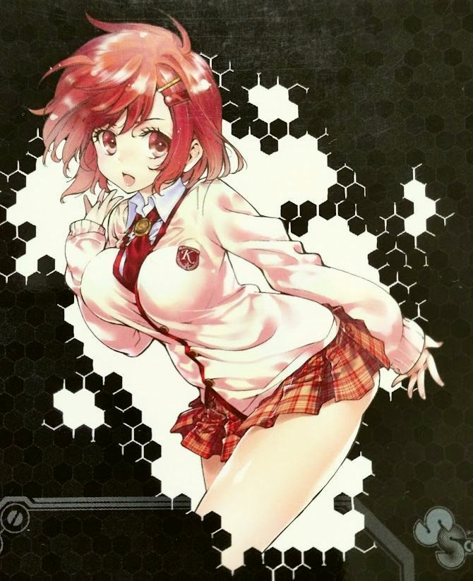 non-web source, ahoge, ass peek, breasts, brown skirt, chousuinou kei, collared shirt, cowboy shot, hair ornament, hairpin, kinoshita maori, medium breasts, miniskirt, necktie, orange hair, plaid clothes, plaid skirt, pleated skirt, school uniform, shirt, short hair, skirt, sweater, white shirt