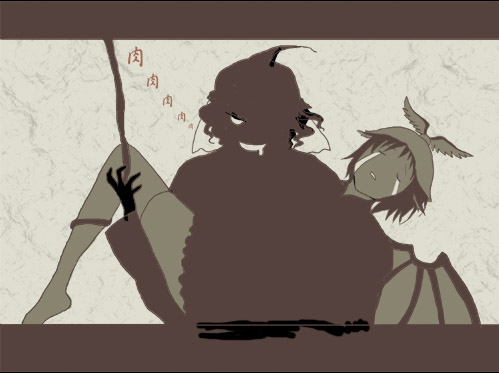 midori (green tea), midori (pixiv), mystia lorelei, saigyouji yuyuko, sayonara zetsubou sensei, touhou, bad id, bad pixiv id, lowres, 2girls, carrying, female focus, hat, hitotoshite jiku ga bureteiru, multiple girls, parody, you gonna get raped