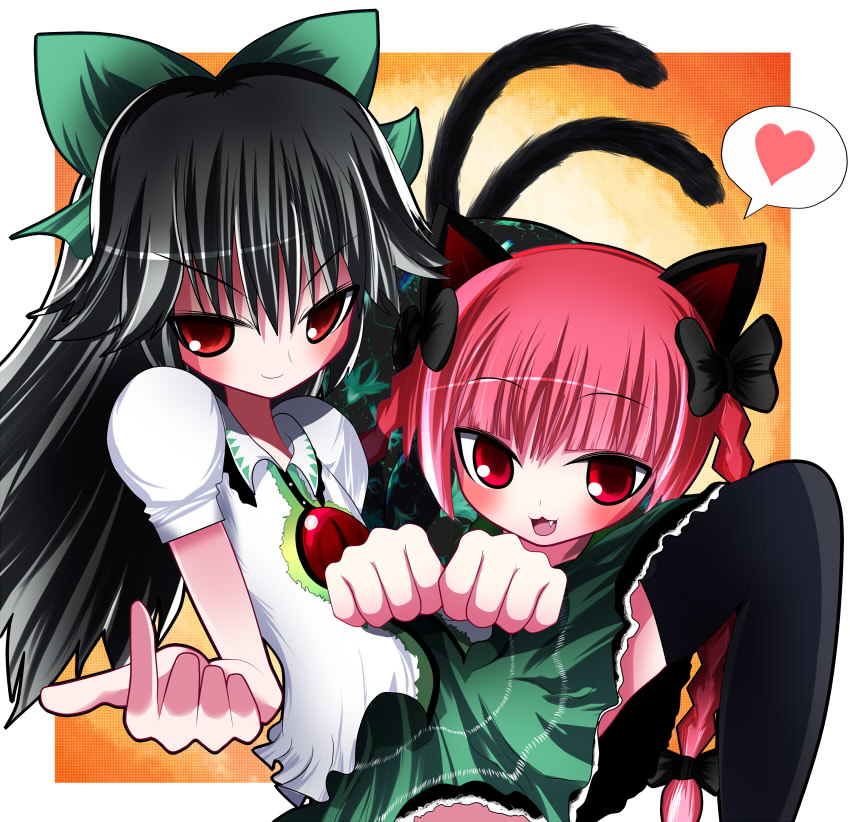 benerokku, kaenbyou rin, reiuji utsuho, touhou, 2girls, animal ears, black hair, braid, cat ears, cat girl, cat tail, female focus, gradient background, heart, long hair, multiple girls, naughty face, red hair, ribbon, skirt, tail
