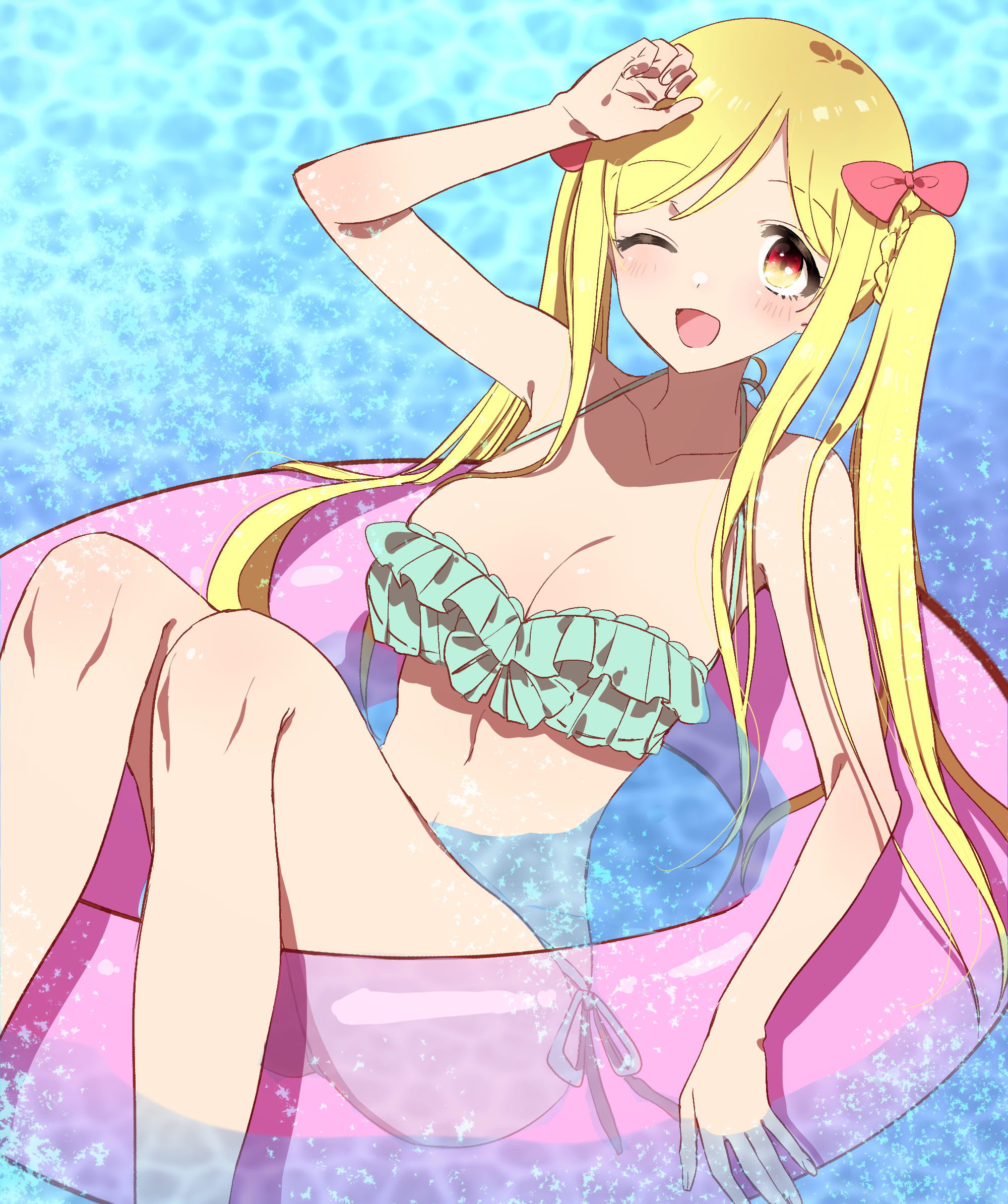 eurasia (wtp09ptw14), original, commentary request, highres, 1girl, ;d, bikini, blonde hair, blue background, blush, bow, breasts, cleavage, feet out of frame, green bikini, hair bow, hand up, large breasts, long hair, looking at viewer, one eye closed, open mouth, parted bangs, pink bow, red eyes, smile, solo, swim ring, swimsuit, water