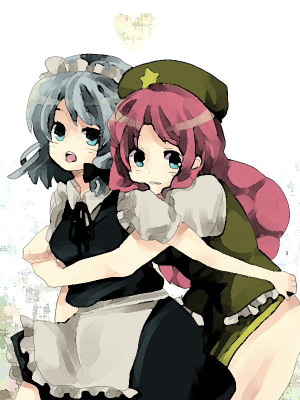 meisa, hong meiling, izayoi sakuya, embodiment of scarlet devil, touhou, bad id, bad pixiv id, 2girls, apron, female focus, hat, heart, hug, hug from behind, maid, maid apron, multiple girls, open mouth, star (symbol), white background