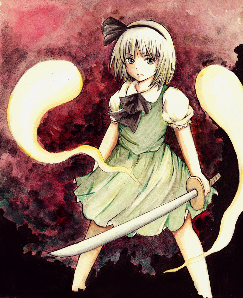maichi, konpaku youmu, konpaku youmu (ghost), touhou, silver hair, 1girl, female focus, ghost, hairband, hitodama, katana, ribbon, school uniform, serafuku, solo, sword, weapon