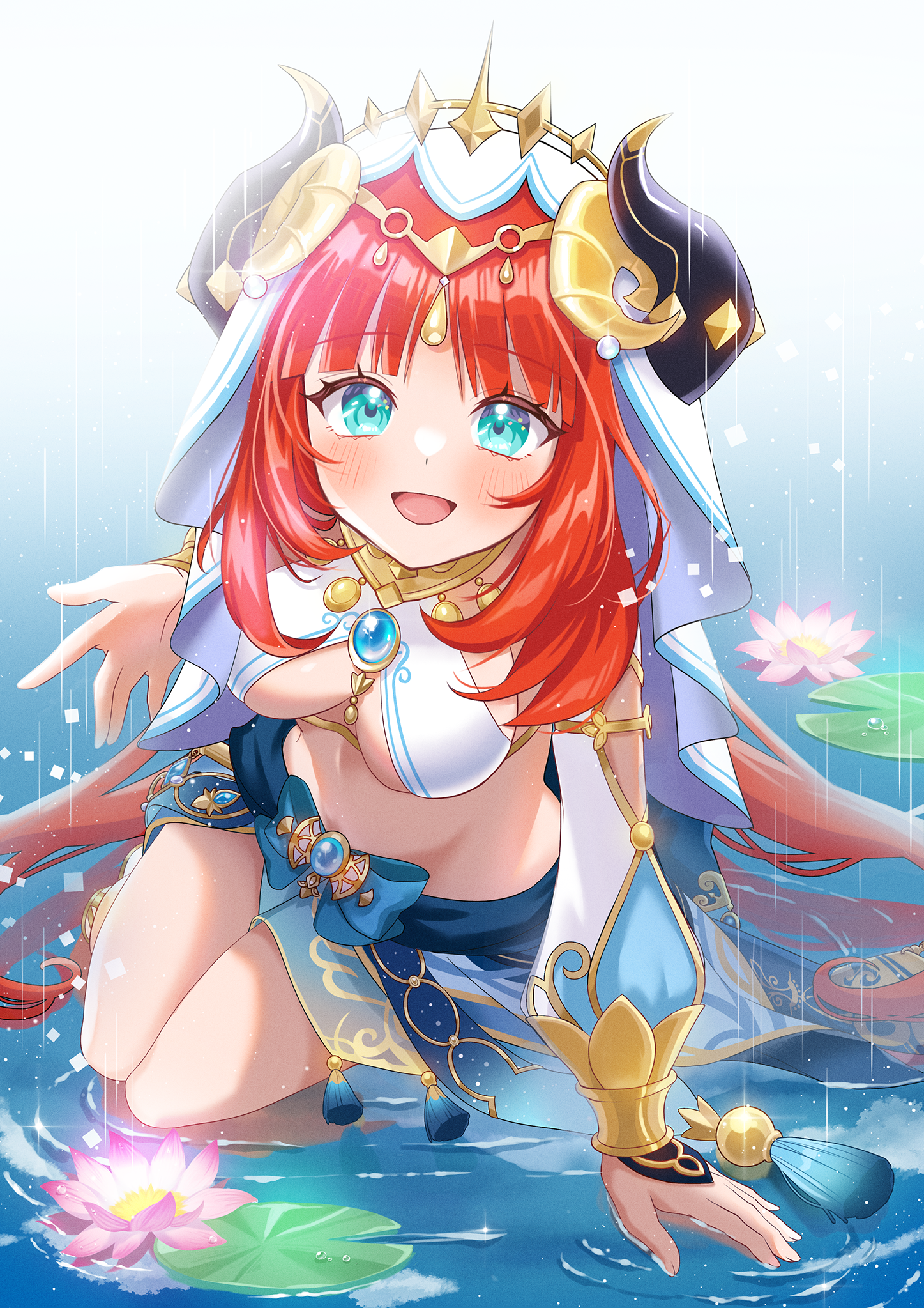 nilou (genshin impact), genshin impact, highres, 1girl, aqua eyes, blue skirt, blush, breasts, crop top, fake horns, flower, harem outfit, horns, long hair, long sleeves, looking at viewer, lotus, medium breasts, open mouth, red hair, skirt, smile, solo, stomach, veil, very long hair, water, wet, white veil, yumenoyuno