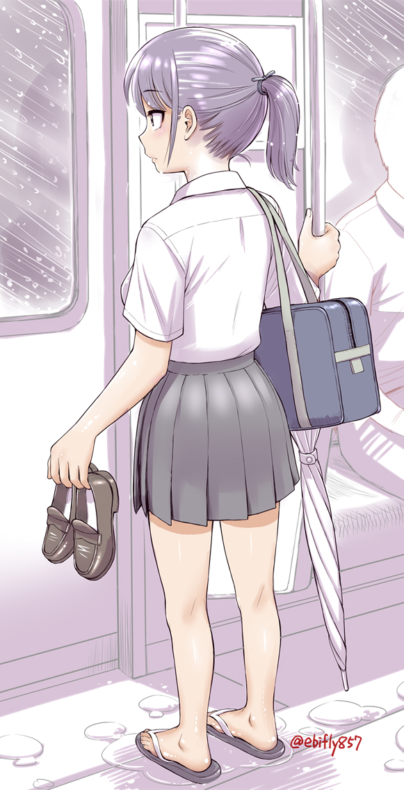 ebifly, original, 1boy, 1girl, artist name, bag, bare legs, closed mouth, collared shirt, feet, flip-flops, from behind, full body, grey hair, grey skirt, holding, legs, loafers, long hair, miniskirt, pleated skirt, ponytail, sandals, school bag, school uniform, shadow, shirt, shoes, short sleeves, sidelocks, sketch background, skirt, solo focus, standing, toes, train interior, twitter username, umbrella, unworn shoes, water, white shirt