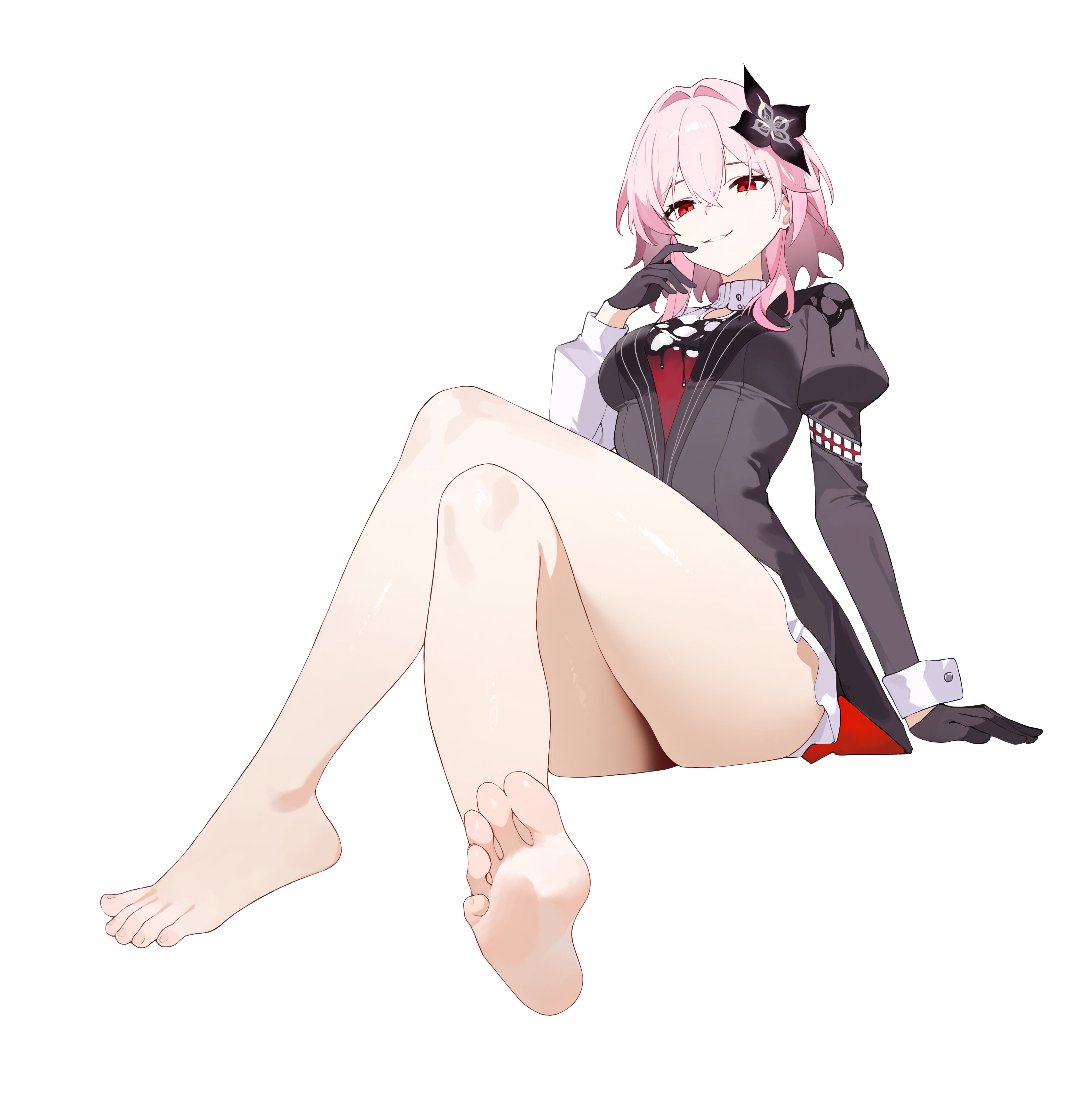m ask, march 7th (honkai: star rail), honkai: star rail, honkai (series), absurdres, highres, 1girl, barefoot, crossed legs, feet, long hair, looking at viewer, parted lips, pink hair, red eyes, smile, soles, toes