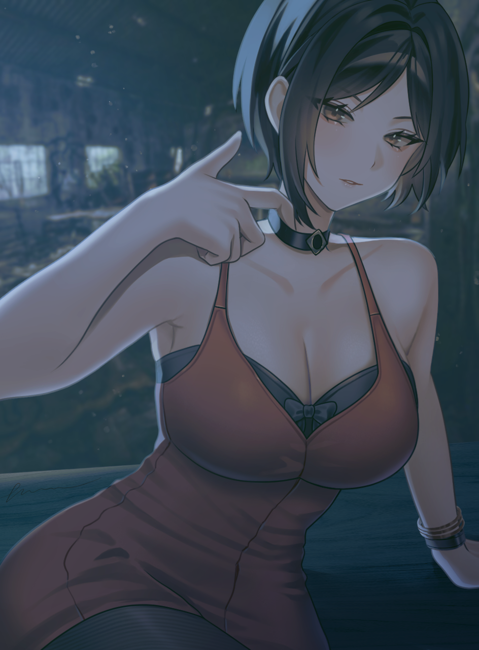 huazhimaru0, ada wong, goddess of victory: nikke, resident evil, commentary, english commentary, highres, 1girl, bare shoulders, black bra, black choker, black hair, black pantyhose, bra, breasts, brown eyes, choker, cleavage, crossover, dress, indoors, large breasts, pantyhose, red dress, short hair, solo, underwear
